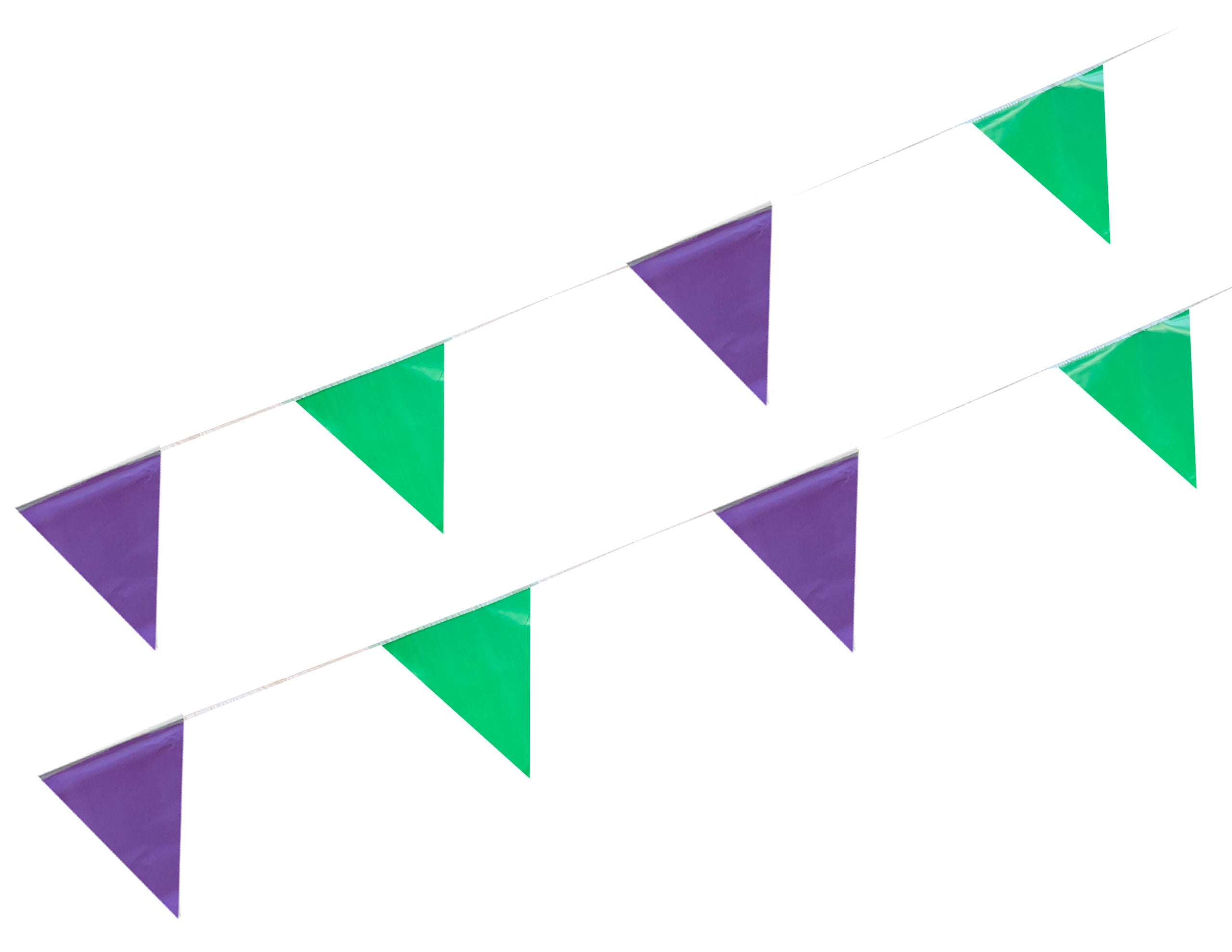 Tira de banderines triangulares intercalados en colores morado y verde limón con guía de rafia blanca, ideal para decoración de eventos, fiestas temáticas, tiendas, exposiciones y exteriores, largo total 50m con 84 banderines. Tira de banderines triangulares intercalados en colores morado y verde limón con guía de rafia blanca, ideal para decoración de eventos, fiestas temáticas, tiendas, exposiciones y exteriores, largo total 50m con 84 banderines.